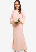 Ensemble Kurung Modeste Coupe Décontractée avec Blouse Courte Plissée à l'Avant et Jupe Longue à Manches Cloche pour les Occasions Quotidiennes des Musulmanes