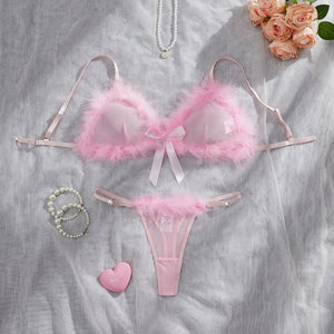 Nuevo Conjunto de Lencería Romántica de Dos Piezas para el Día de San Valentín, Brasier y Panties de Felpa Tejida, Color Rosa Claro, Transparente, Sexy e Íntimo para Mujer, QIQI - Product Image 1