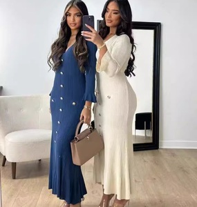 Bouton revers coupe ajustée tricoté femmes à manches longues col rabattu pull robe bouton côtes mince Ribeed élégant Maxi robe 2854 - Product Image 1
