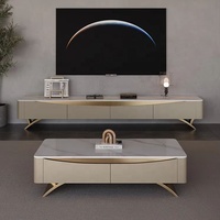 Table basse et meuble TV combinés en pierre et bois, style moderne et luxueux, pour petit salon ou appartement – Mobilier haut de gamme