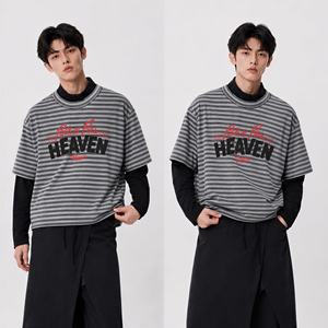 เสื้อยืดลายทางโอเวอร์ไซส์ผู้ชาย ลายกราฟิก Rock N Roll Heaven Forever สไตล์เลเยอร์สองชิ้น ขายส่งเสื้อผ้าสตรีทแวร์ - Product Image 5