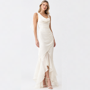 Robe longue moulante asymétrique en mousseline à col bénitier sans manches pour femme, avec ourlet à volants, infroissable, idéale pour les occasions décontractées, les fêtes ou les mariages. - Product Image 1