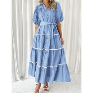 Wholesale Custom OEM High Quality Womens Midi <b>Dress</b> Bubble Sleeve Lace Layered Pleated Short Sleeve Natural Waist Shirt <b>Dress</b> - Product Image 5