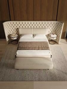 Tête de lit double en velours beige luxueux, cadre de lit king size moderne en bois pour chambre à coucher - Product Image 6