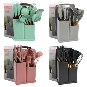 High Quality 19 Piece <b>Silicone</b> Kitchen Utensil Set With Wooden Handle and Cuttings Board Storage Bucket Kitchen Gadget Set - Product Image 1