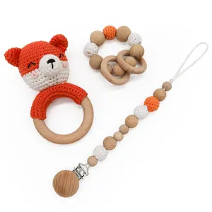 Grosir mainan rajutan buatan tangan cincin gigi kayu bayi mainan teether kayu crochet hewan jerapah teether kelinci