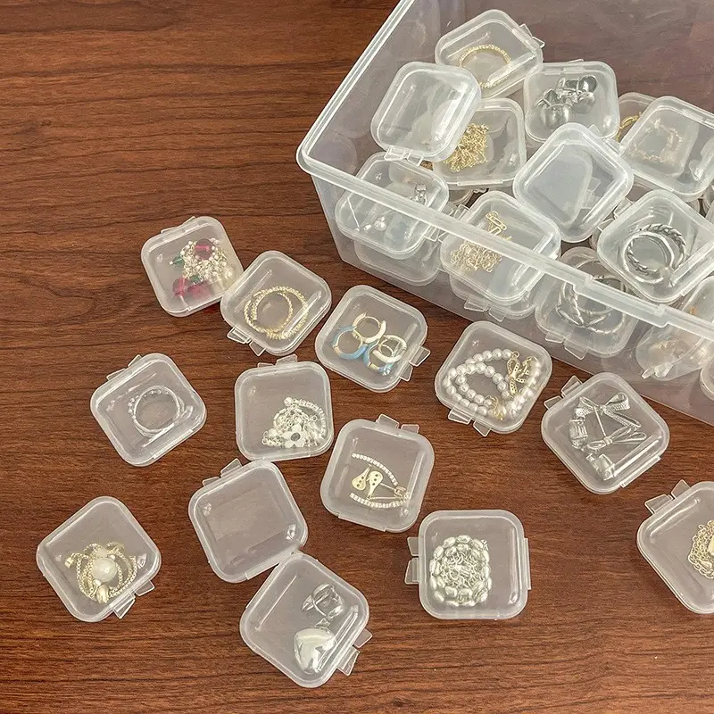 Küçük şeffaf plastik kutu Mini kare kulaklıklar ile kapak takı küpe küpe kutusu parçaları kutusu almak için