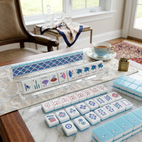 Jeu de Mahjong Américain Sur Mesure Bleu Teal Profond avec Plumes de Paon Gravées, Tiges de Libellule, Tuiles en Acrylique – Jeu de Société Professionnel, Cadeau