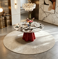 Table à manger ronde de luxe, plateau en pierre frittée marbrée, base rouge, design moderne pour la maison, l'hôtel, le restaurant