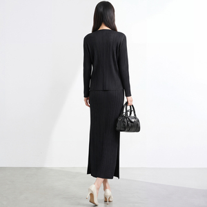 Ensemble deux pièces pour femmes PY, haut à manches longues côtelé rayé, jupe mi-cuisse, élégant, toutes saisons, col rond, ensemble robe en tricot - Product Image 4