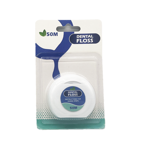 OEM Logo promozionale stampato di alta qualità a forma di dente filo interdentale in <span class=keywords><strong>Nylon</strong></span> 50m cerato per la pulizia dentale filo interdentale regali per il dentista