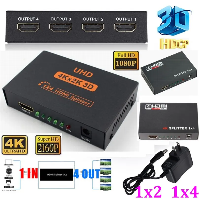 4K Ultra HD 4 port HDMI Splitter, 1X4 HDMI 1 In 4 Out HDMI Video Hub Repeater Amplifier untuk PS5 PS4 Monitor Laptop PC kotak TV