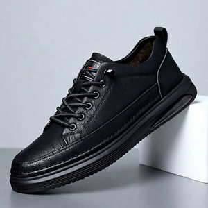 Chaussures décontractées pour hommes en cuir véritable à lacets, à semelle épaisse, bout rond, doublure en peluche, semelle extérieure en caoutchouc respirante, pour le printemps - Product Image 1