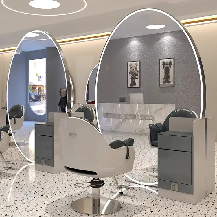 Goose Egg Shaped Stainless Steel Single Sided Floor Mirror Salon Mirror With Led Lights Double Side Round Salon Mirror Station