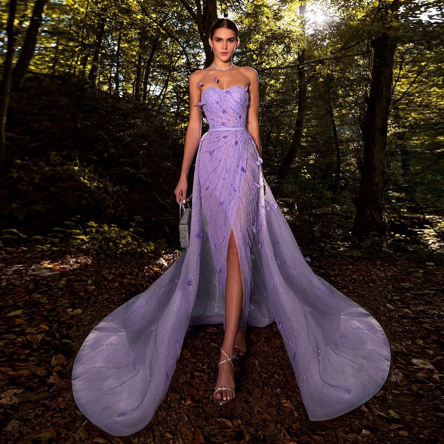 ladies purple party dress La Femme 32505 Floral Sequin Fitted Cocktail Dress