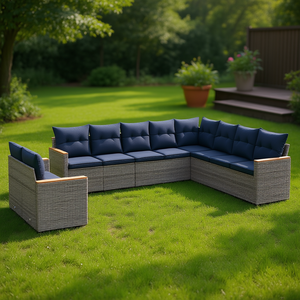 Set di divani da giardino per esterni, 10 pezzi, in polyrattan grigio con cuscini, design contemporaneo per patio e giardino. - Product Image 2