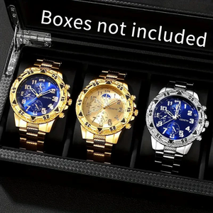 Ensemble de 4 Pièces Montre Homme Tendance Avec Bracelet en Acier Inoxydable de Style Affaires, Bague, Collier et Montre à Quartz - Product Image 2