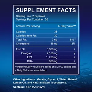 น้ำมันปลาโอเมก้า <span class=keywords><strong>3</strong></span> แบบซอฟต์เจล ฮาลาล สำหรับผู้ผลิต (OEM)  แคปซูลน้ำมันปลา  วีแกน  โอเมก้า <span class=keywords><strong>3</strong></span> 6 9  3600  อาหารเสริม  ธรรมชาติ  EPA DHA  น้ำมันปลาโอเมก้า <span class=keywords><strong>3</strong></span> แบบซอฟต์เจล  ขายส่ง - Product Image 4