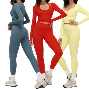 Seamless Solid I-Back Sports Bra Legging Set for Women Ribbed High Waist Quick Dry <b>Yoga</b> Pants Zip <b>Jacket</b> Fitness Workout - Product Image 1