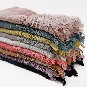 Wholesale New Design Women Luxury Plain Embroidered With Beads Crystal Cotton Head Scarf Muslim Wedding Lace Flowers Hijab Scarf