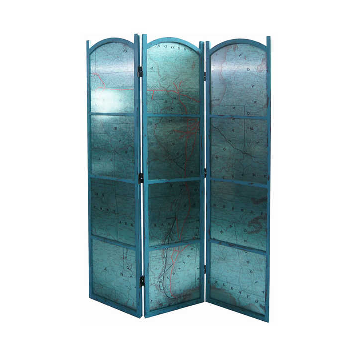 Luxury 4 Panel Room Divider with World Map on Mirrored Glass Aluminium Foil Fir Wood Frame Movable Screen for Home Decoration