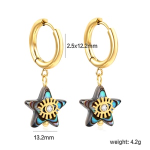 Nouvelles boucles d'oreilles créoles en acier inoxydable plaqué or, bijoux fantaisie avec zircon, motif étoile, œil, papillon, rond et géométrique, et coquille d'ormeau - Product Image 4