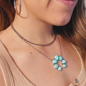 Collar Largo con Capas de Flores de Calabaza, Estilo Occidental, Gargantilla, Turquesa, Estilo Navajo, Joyería Boho, Vaquera, Piedra Azul Natural - Product Image 3