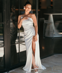 white fitted bridesmaid dresses Tie Strap Fit & Flare High Slit Slip Midi Dress