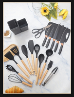 Ensemble de couteaux de cuisine en silicone 19 pièces OEM/ODM avec manche en bois, planche à découper et bac de rangement spécial incluant spatules et ustensiles