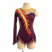 Robe de patinage artistique rouge vin à imprimé flamme et strass, manches longues, jupe à franges pour enfants et adultes, performance de patinage sur glace