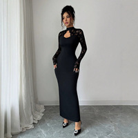 Nouvelle Arrivée Robe Longue Femme Col Montant, Robe Slim à Manches Longues Évidée avec Lacets et Ourlet Fendu