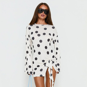 Polka Dot Dress Women Slim Fit Slit <b>Mini</b> Summer Party Casual Crew Neck Breathable Yiwu Origin <b>Printed</b> Patchwork - Product Image 4