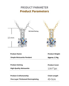 Collar de Moissanita de 1ct, Corte Redondo, Color D, Certificado GRA, VVS1, Joyería Geométrica Simple de Cobre con Baño de Oro de 14K para Mujer - Product Image 4