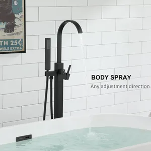 CUPC Guangdong Free Standing Bathtub Faucet Waterfall Shower Bath Mixer Tap Solid Brass Black Bathroom Showers