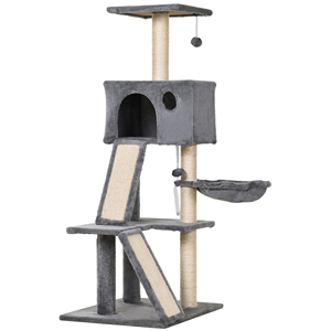 PawHut Arbre à chat avec lit suspendu et 2 plates-formes en peluche grise et corde en sisal 60x49x130cm - Product Image 1