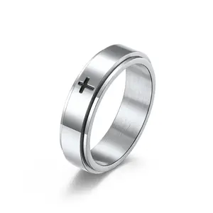 高抛光6MM银黑色钛钢戒指雕刻十字女式旋转戒指批发男士十字戒指