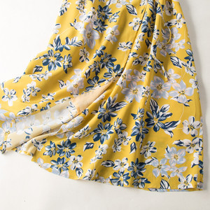 Temperament V-neck Yellow Floral Printed Mulberry <strong>Wrap</strong> A-line High Quality Women <strong>Silk</strong> Printed <strong>Dresses</strong> - Product Image 3