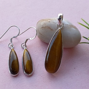 Tiger Eye Top Quality Gemstone Pear Shape Cut Stone <b>Solid</b> <b>Silver</b> Earring With Pendant Gemstone For Women Bulk Suppliers - Product Image 3