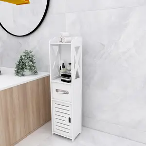 Soporte de almacenamiento de papel higiénico blanco Gabinete de inodoro impermeable Delgado Gabinete de piso de esquina de almacenamiento de baño pequeño