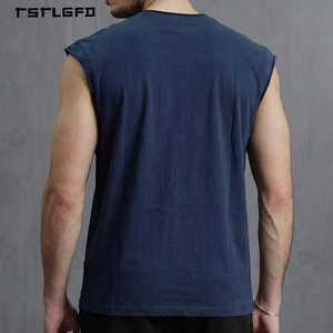 Camiseta sin mangas premium ajustada para hombre, <span class=keywords><strong>azul</strong></span> <span class=keywords><strong>marino</strong></span> liso, con tela elástica transpirable y corte muscular con borde sin rematar, venta al por mayor. - Product Image 2