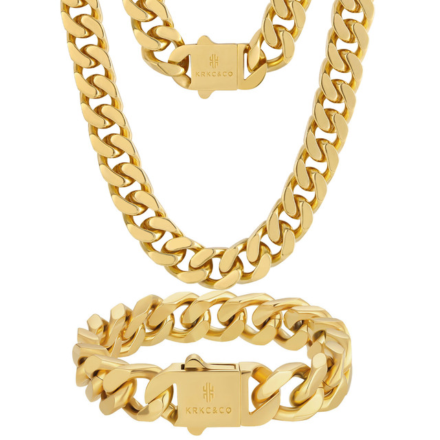 14mm Chunky Curb Link 18K Real Gold Plated Stainless Steel Thick Bracelets Hip Hop Jewelry Miami Cuban Chain Necklace for Men