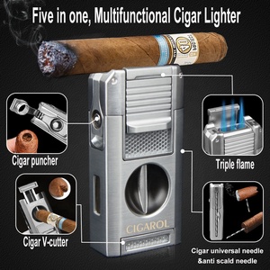 Couteau à cigare multifonctionnel coupe-V, coupe-vent, écologique, rechargeable, en alliage de zinc, briquet cadeau d'affaires avec torche à 3 flammes, fonction fumée - Product Image 5