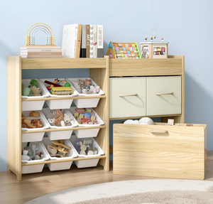 Étagère à livres et rangement de jouets multifonctionnelle pour enfants, organisateur de jouets à 9 bacs avec 2 tiroirs, <span class=keywords><strong>coffre</strong></span> à jouets mobile et étagère supérieure - Product Image 1
