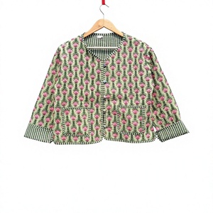 Charming Women Hand Block Printed Cotton <b>Quilted</b> <b>Jacket</b> Featuring Sage Green Base With Vibrant Pink Floral Vine <b>Patterns</b> - Product Image 1