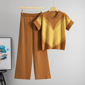 Ensemble de vêtements en tricot pour femmes, haut à col en V avec patchwork, pantalon large, tenue décontractée, jaune beige, taille 30-50 - Product Image 4