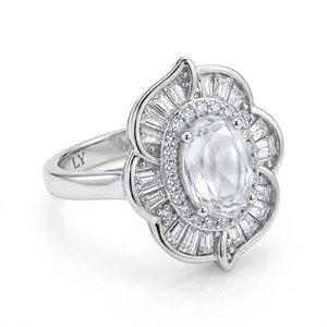 Anillo Ovalado Vintage de Latón con Baño de Rodio, Diseño Floral con Circonita Cúbica 5A, Regalo para Mujer, Compromiso, Boda, Fiesta - Product Image 1