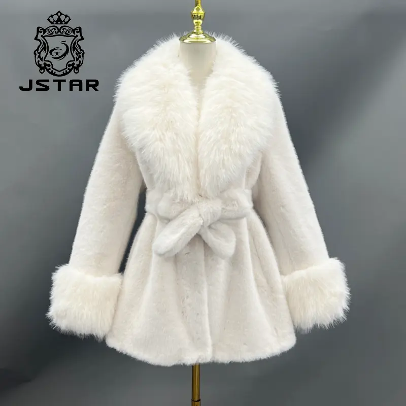 Jstar wholesale mid length belt thick faux fox fur shawl collar high quality eco Faux Fur women's coat