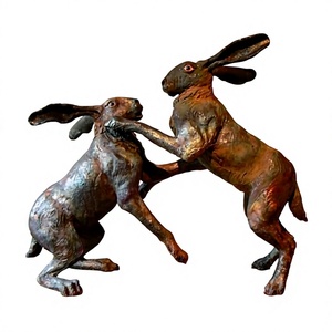 Ensemble de 2 sculptures de lapins en bronze, décoration de Pâques pour jardin, fournitures agricoles, technique de moulage à la main - Product Image 1