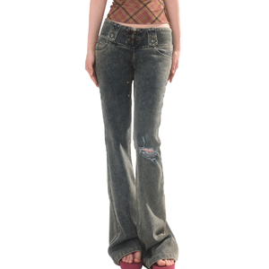Vaqueros bootcut vintage para mujer con logo personalizado, lavado, con cordón frontal, cintura con cordón ajustable, pequeños detalles desgastados y orificios, pantalones de mezclilla acampanados. - Product Image 2
