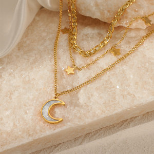 Europa e Stati Uniti moda <span class=keywords><strong>tre</strong></span> strati stella luna oro placcato 18K collana in acciaio inox femminile - Product Image 4
